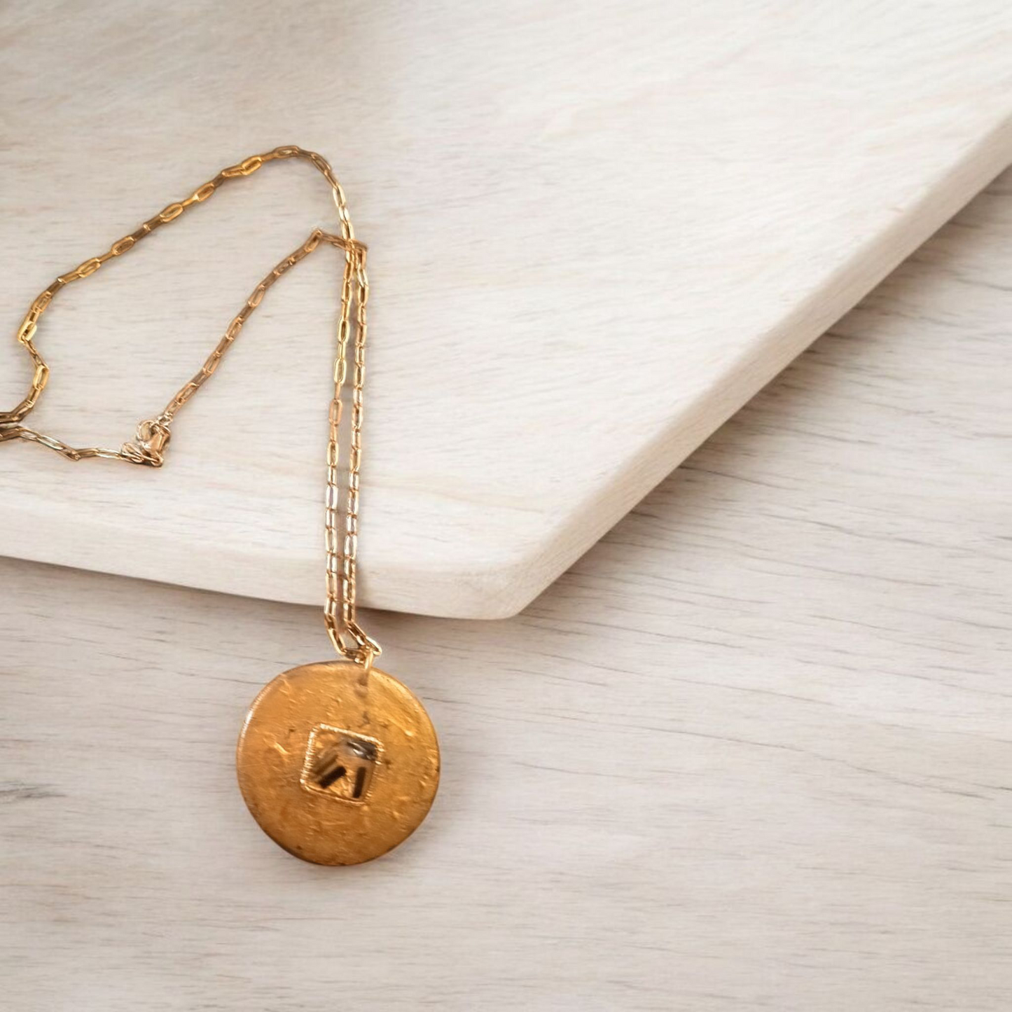 Gold Round Pendant with Miyuki Beads & Relief Details – Stainless Steel Chain