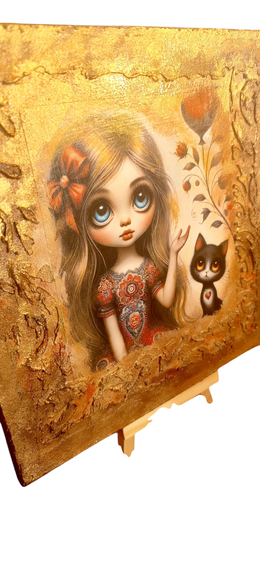 "The Girl and the Cat" – Handmade Wooden Art Panel