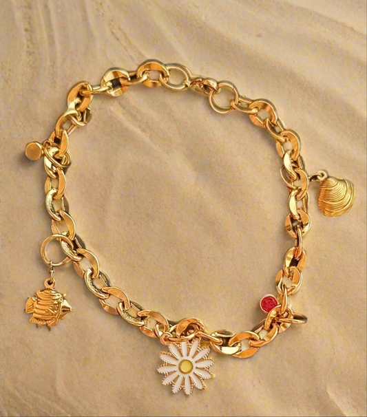Golden Charms Bracelet – Stainless Steel Chain with Marine & Floral Motifs