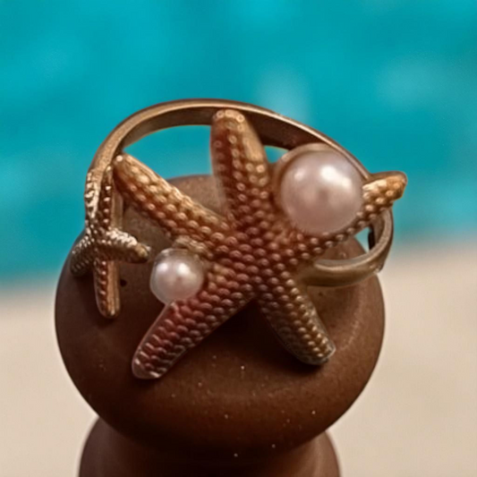 Gold Starfish Ring with Pearls — Stainless Steel