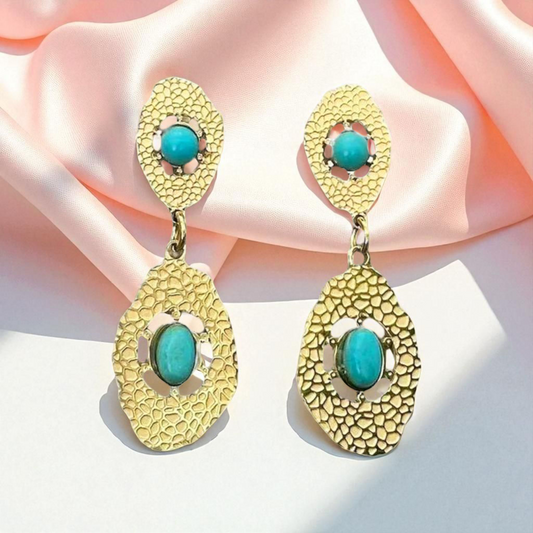Gold Textured Drop Earrings with Turquoise Stones – Stainless Steel