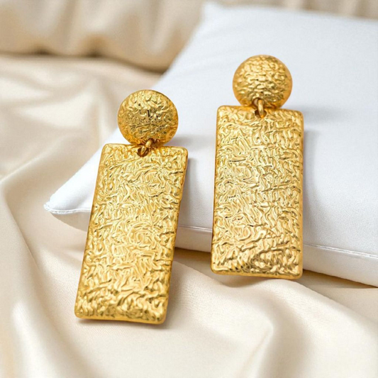 ✨ Textured Gold Rectangle Earrings – Statement Design