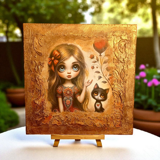 "The Girl and the Cat" – Handmade Wooden Art Panel