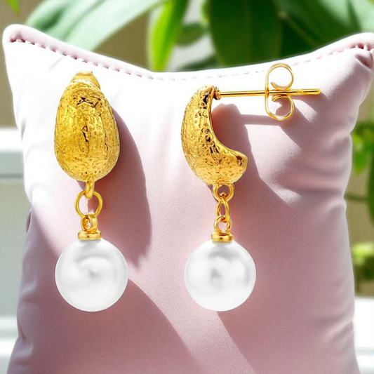 Gold Textured Stud Earrings with Pearl Drop – Stainless Steel