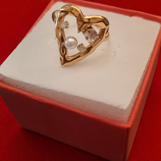 Gold Heart Ring with Pearl and Crystals — Stainless Steel