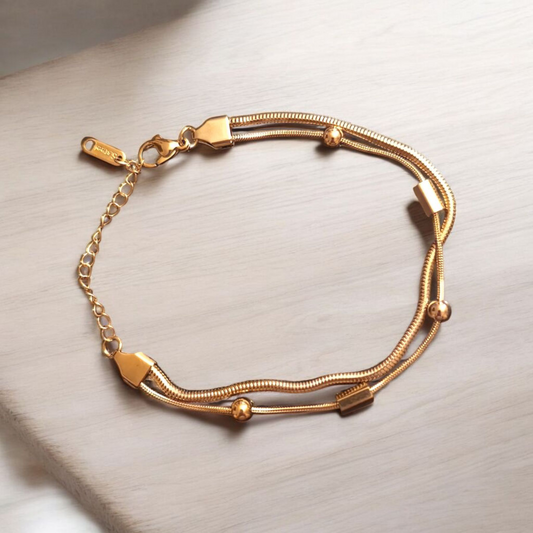 Elegant Double Chain Bracelet with Beads - Stainless Steel