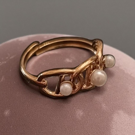Gold Openwork Ring with Triple Pearls — Stainless Steel
