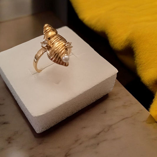 Gold Spiral Shell Ring with Pearl and Crystals — Stainless Steel